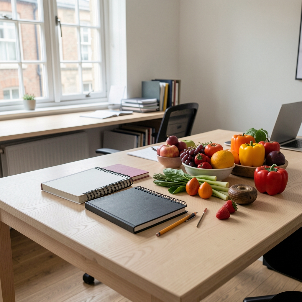 Editorial workspace at Aldoran Letters London office, notebooks and seasonal produce arranged on a pale wooden desk, natural window light