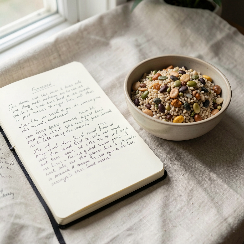 Open notebook with handwritten food observation notes beside a bowl of mixed grains on a pale linen surface, natural window light